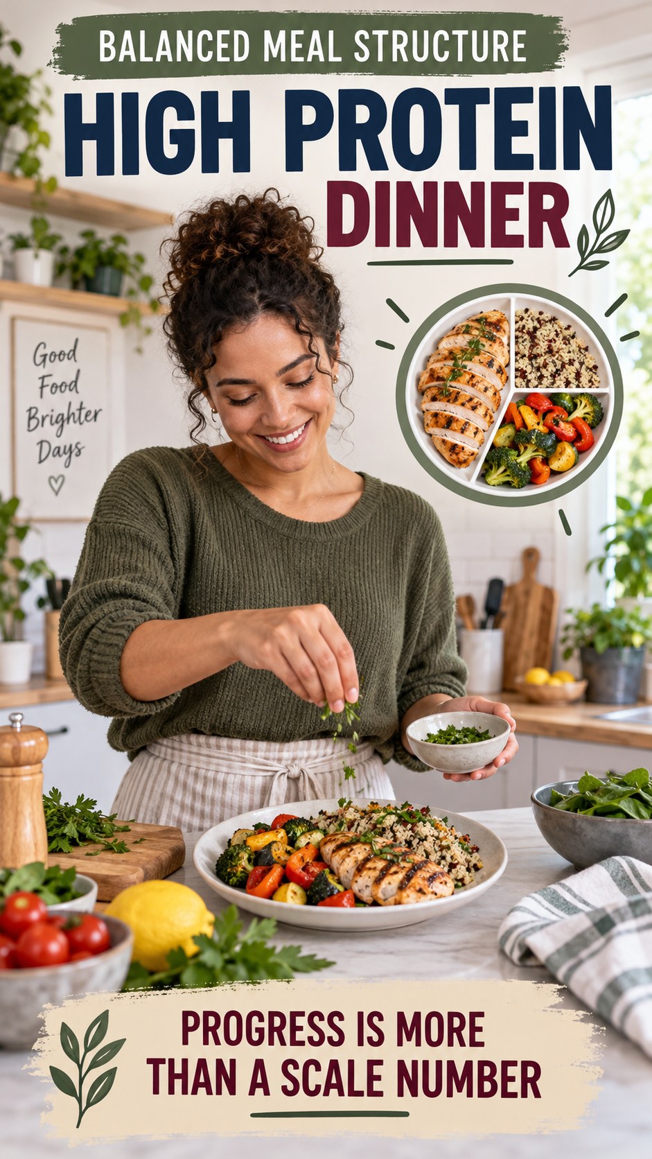 Balanced Meal Structure infographic for High Protein Dinner, showing practical metabolism-support habits for an active lifestyle.
