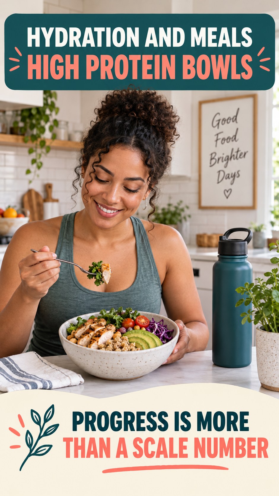 Hydration and Meals infographic for High Protein Bowls, showing practical metabolism-support habits for an active lifestyle.