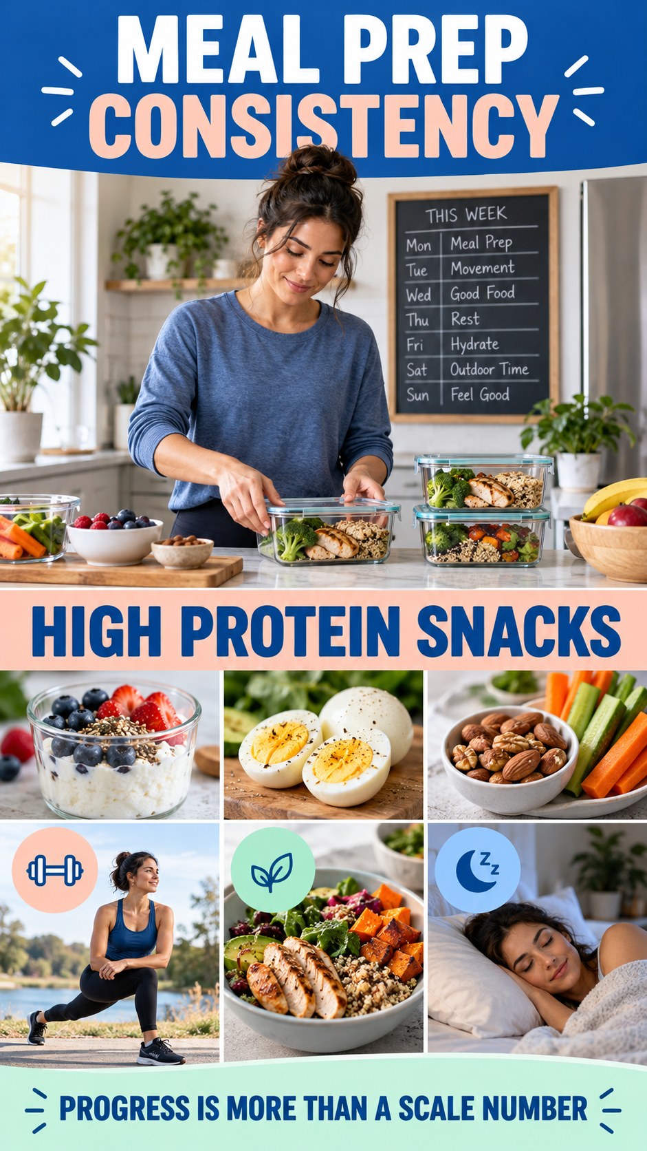 Meal Prep Consistency infographic for High Protein Snacks, showing practical metabolism-support habits for an active lifestyle.
