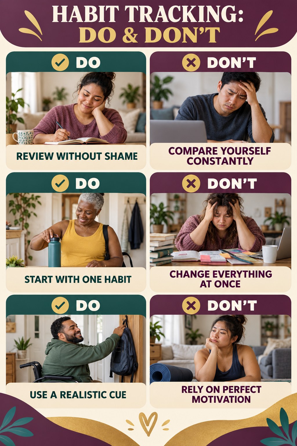 Calorie Deficit Do and Don’t comparison graphic showing three practical behavior pairs for habit tracking.