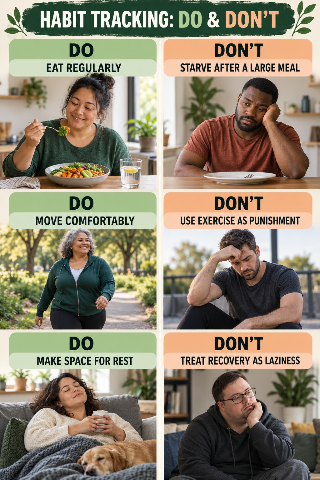 Intermittent Fasting Do and Don’t comparison graphic showing three practical behavior pairs for habit tracking.