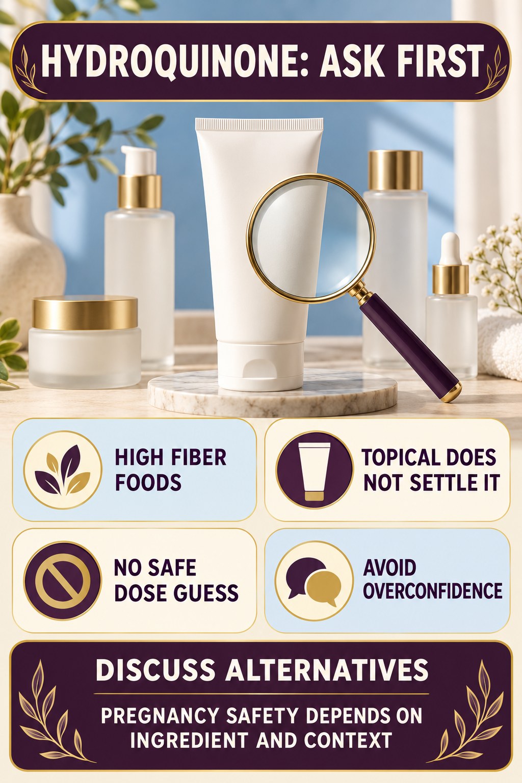 Handle Hydroquinone Uncertainty Carefully pregnancy skincare ingredient-question infographic for High Fiber Foods with four careful label-review points.