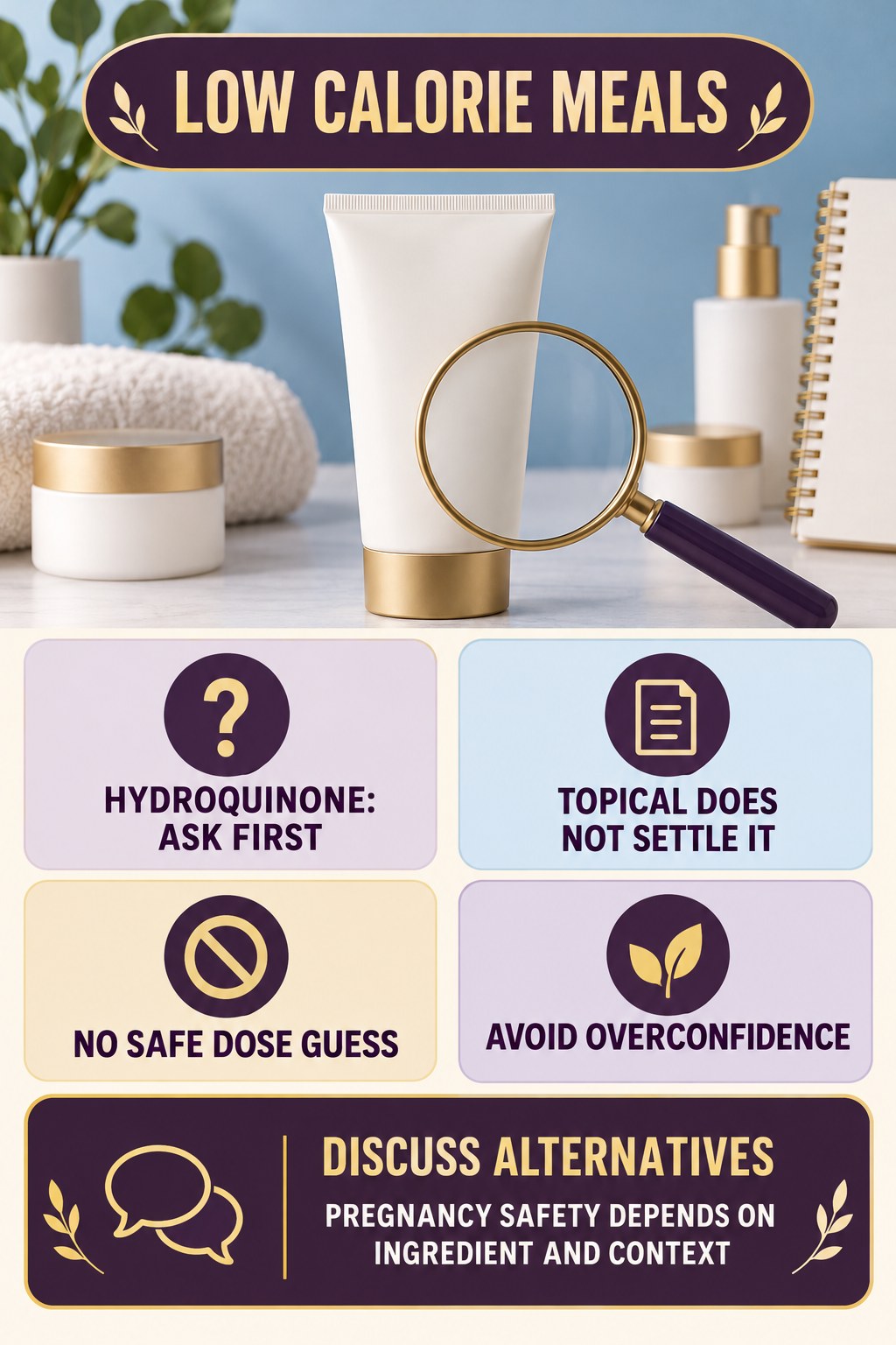 Handle Hydroquinone Uncertainty Carefully pregnancy skincare ingredient-question infographic for Low Calorie Meals with four careful label-review points.