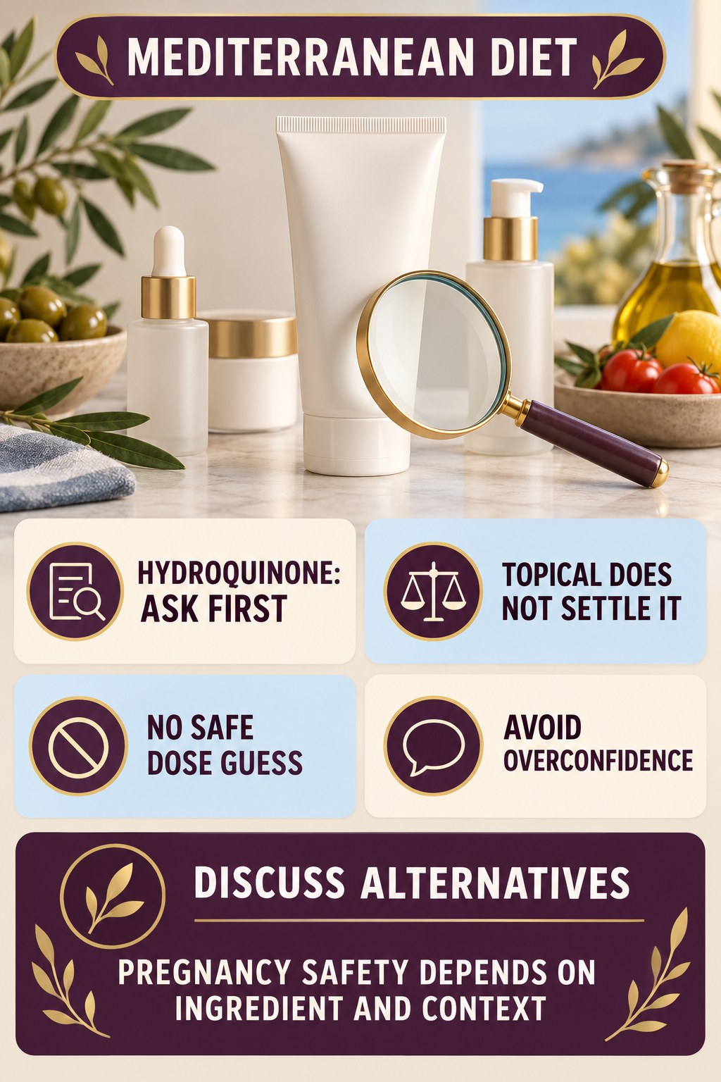 Handle Hydroquinone Uncertainty Carefully pregnancy skincare ingredient-question infographic for Mediterranean Diet with four careful label-review points.