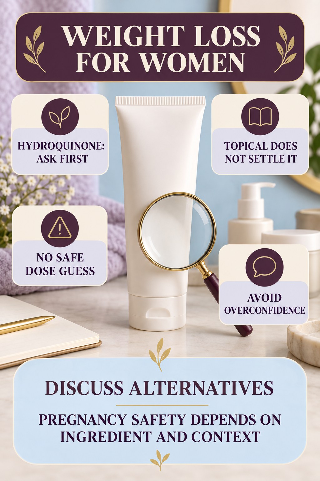 Handle Hydroquinone Uncertainty Carefully pregnancy skincare ingredient-question infographic for Weight Loss for Women with four careful label-review points.