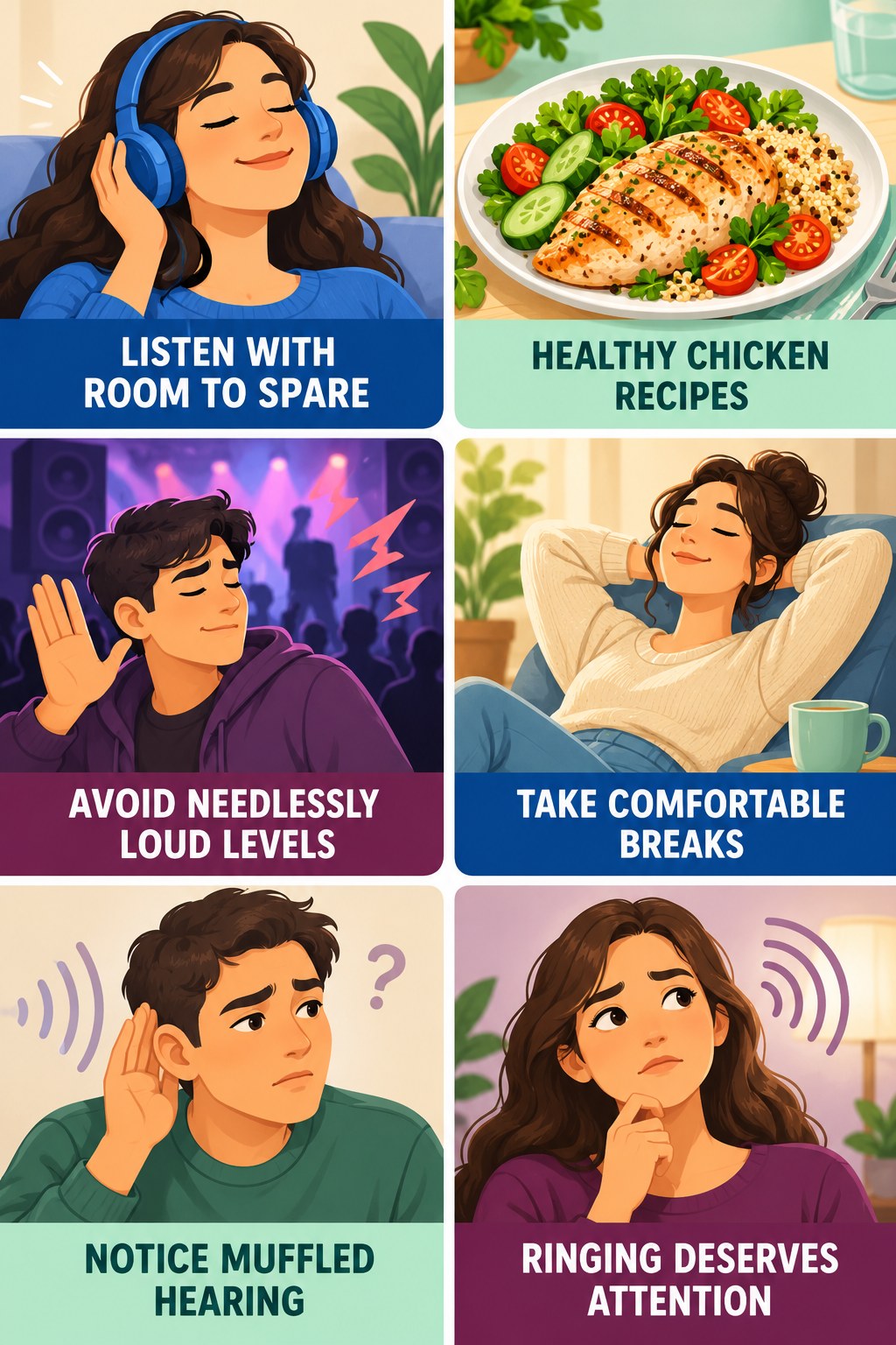 Headphone Listening Awareness infographic for Healthy Chicken Recipes with four concise tinnitus-awareness points.