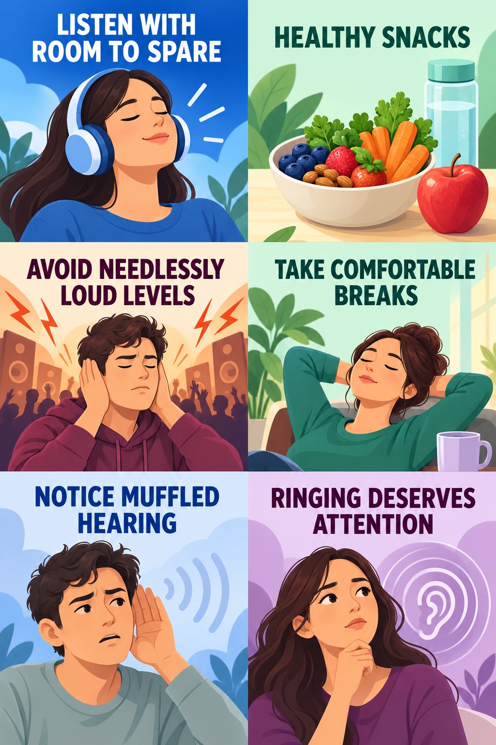Headphone Listening Awareness infographic for Healthy Snacks with four concise tinnitus-awareness points.