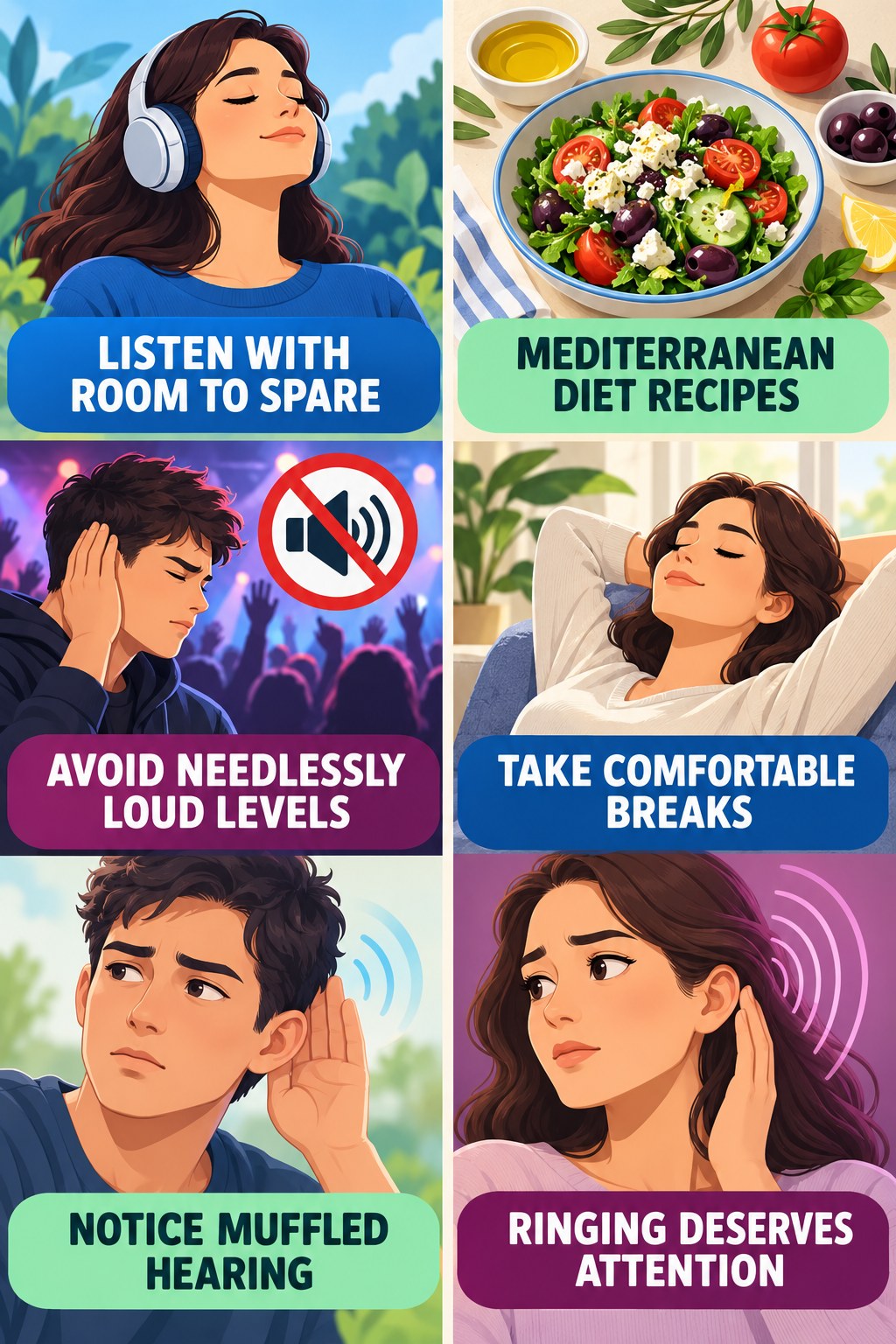 Headphone Listening Awareness infographic for Mediterranean Diet Recipes with four concise tinnitus-awareness points.