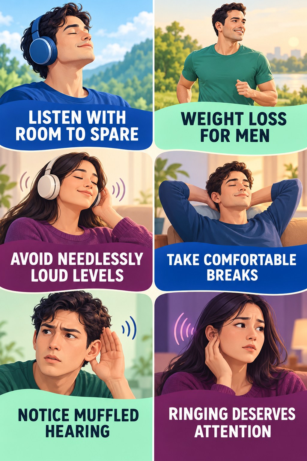 Headphone Listening Awareness infographic for Weight Loss for Men with four concise tinnitus-awareness points.
