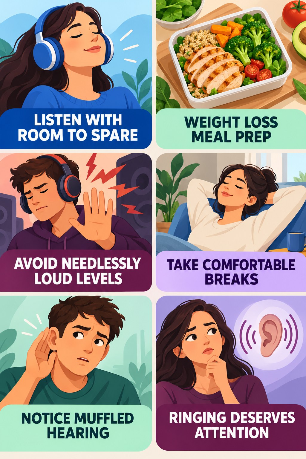 Headphone Listening Awareness infographic for Weight Loss Meal Prep with four concise tinnitus-awareness points.