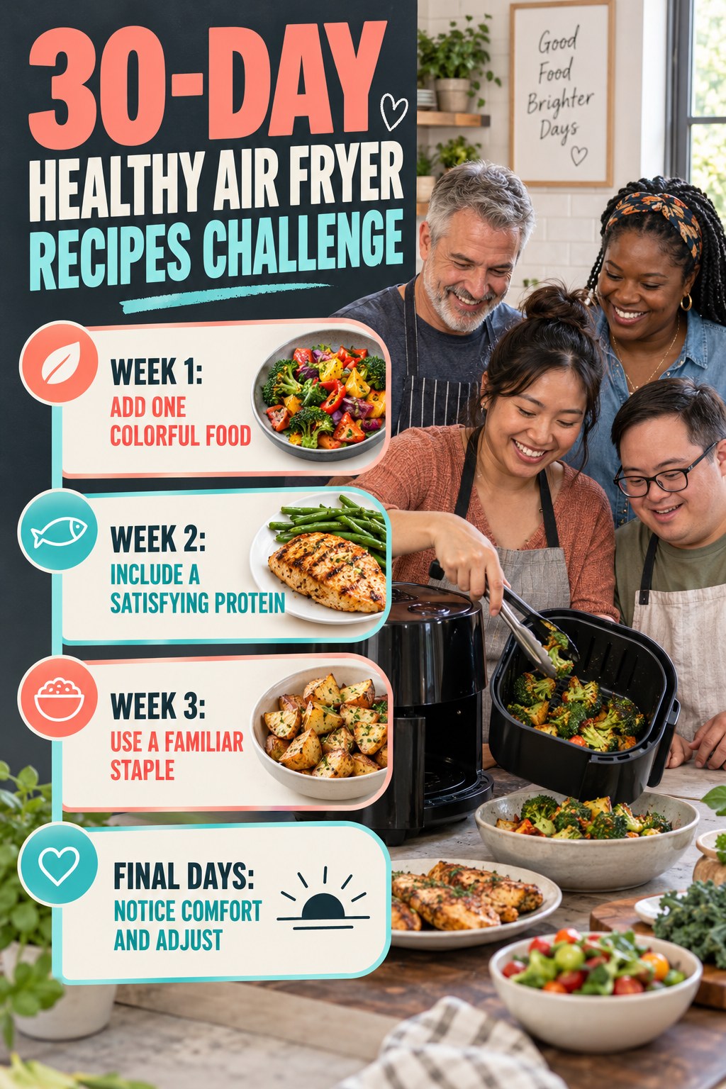30-day Healthy Air Fryer Recipes challenge graphic showing four manageable milestones for consistent practice.