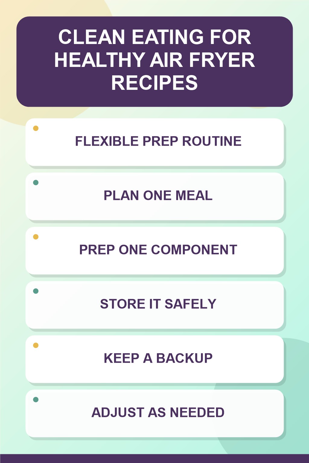 Flexible Prep Routine clean eating infographic for Healthy Air Fryer Recipes, showing five practical planning and preparation stages.