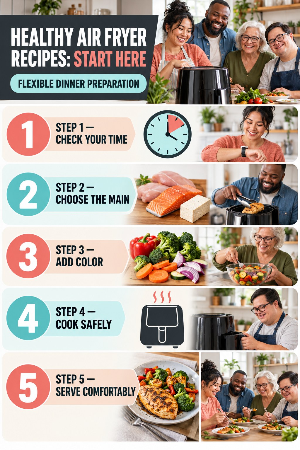 Healthy Air Fryer Recipes beginner guide graphic showing five manageable stages for flexible dinner preparation.