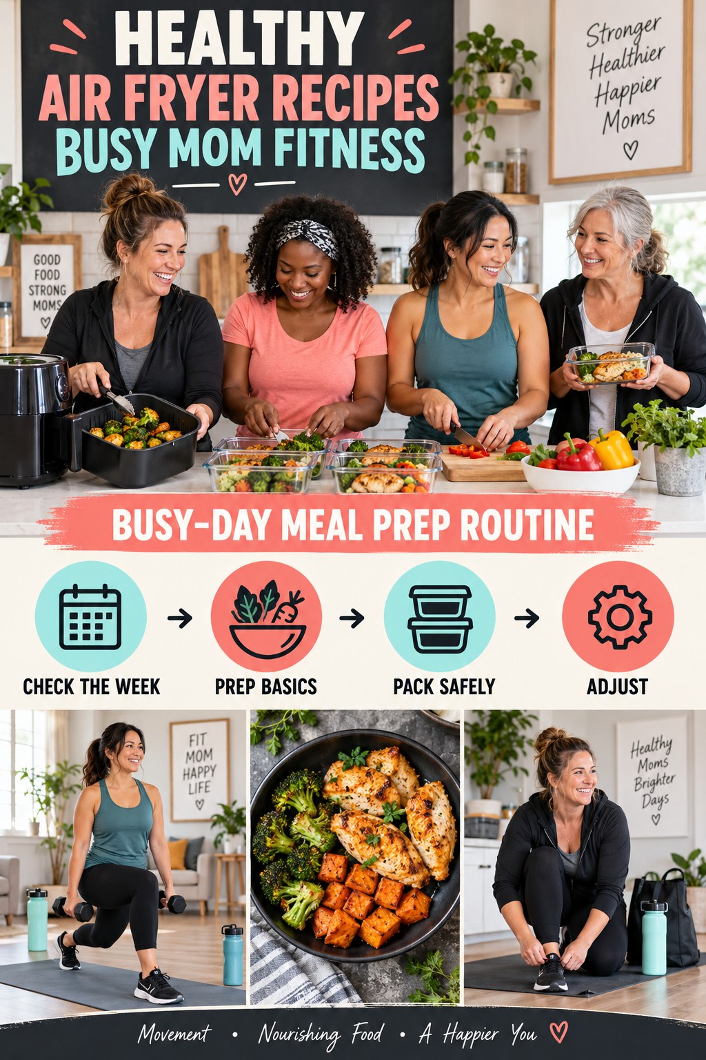 Healthy Air Fryer Recipes busy-mom fitness graphic titled Busy-Day Meal Prep Routine with four practical movement prompts.