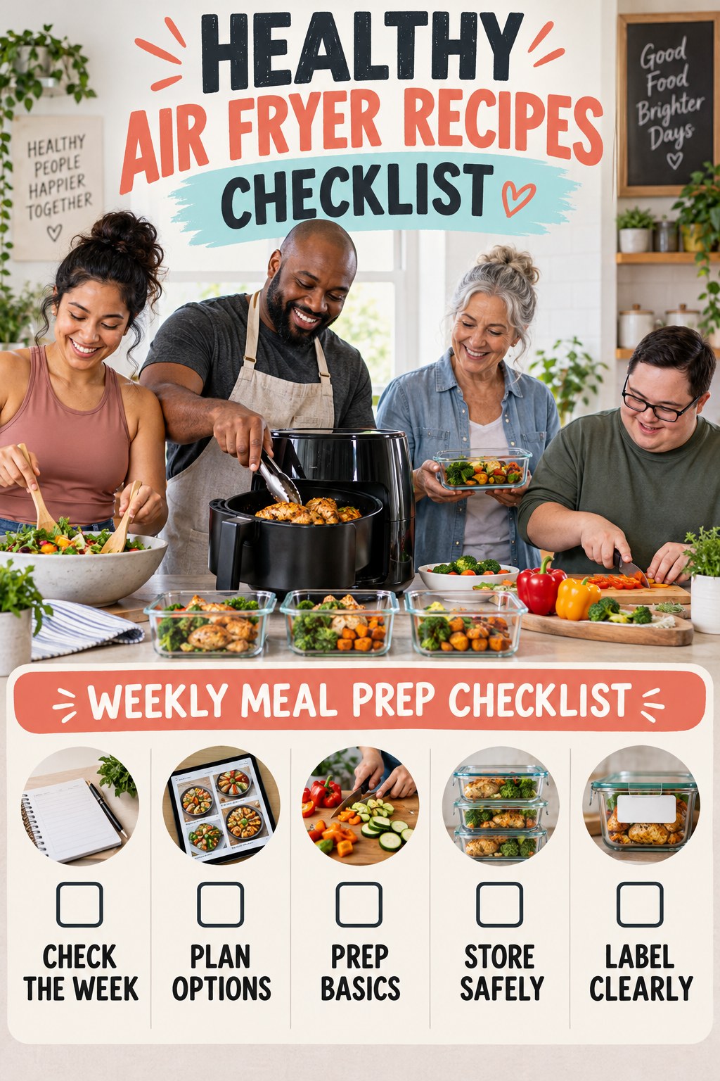 Healthy Air Fryer Recipes checklist graphic titled Weekly Meal Prep Checklist with five clear practical wellness items.