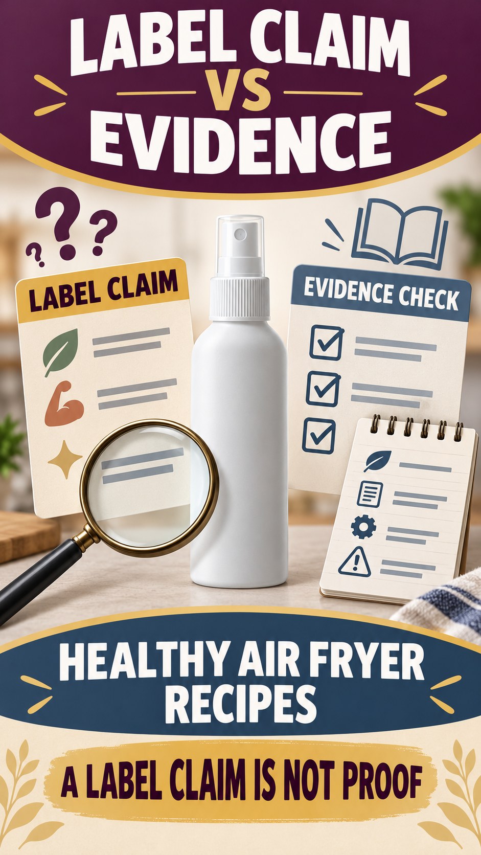 Claim Versus Evidence Review infographic for Healthy Air Fryer Recipes, showing a generic spray-label checklist that separates available facts, missing details, and evidence questions.