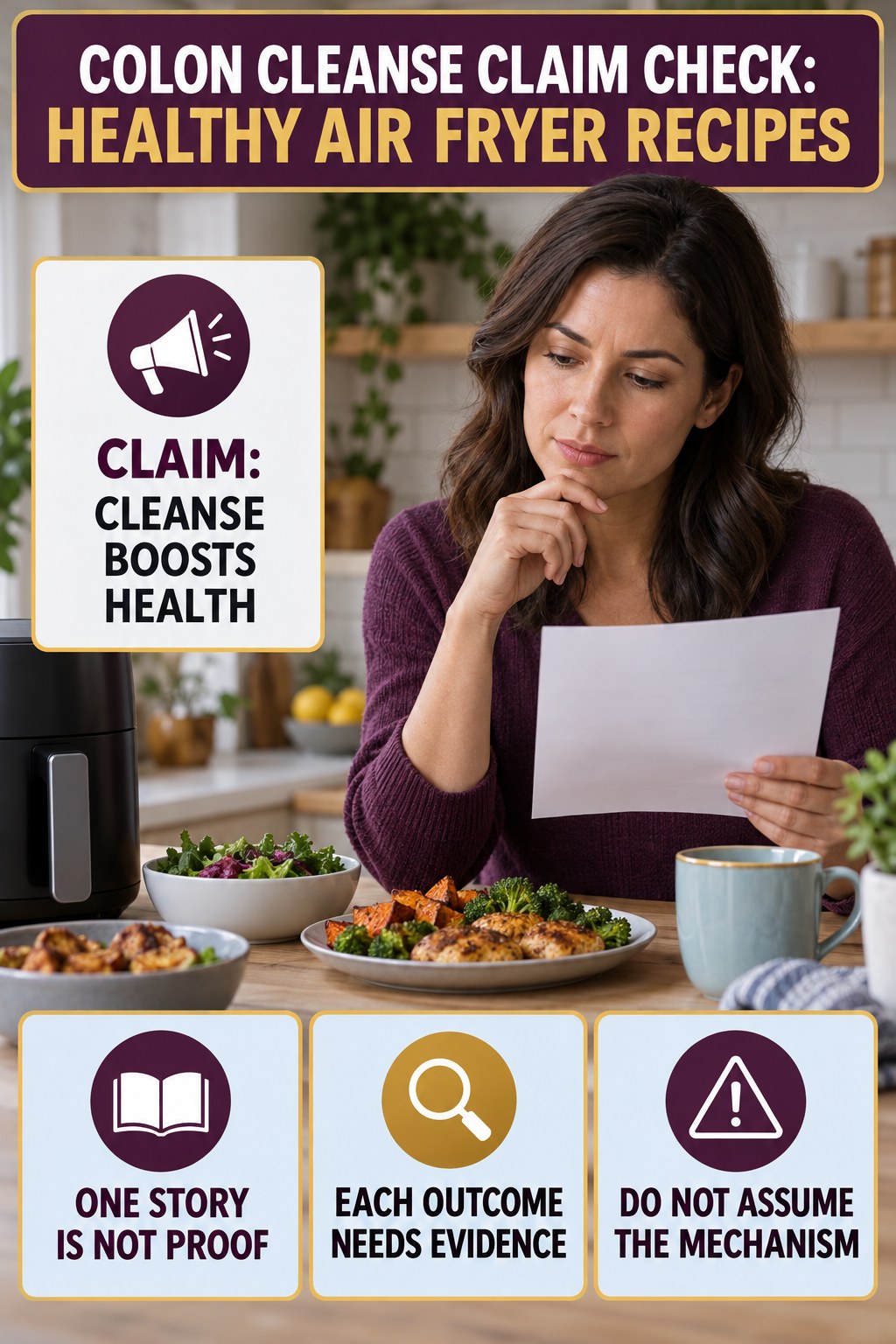 Skin, Energy, and Immunity Claims infographic for Healthy Air Fryer Recipes, separating a colon-cleanse marketing claim from evidence, reasonable conclusions, and safety context.
