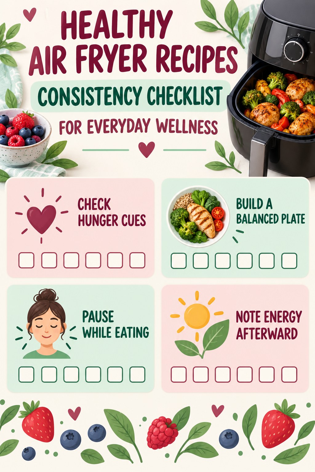 Healthy Air Fryer Recipes Consistency Checklist for Everyday Wellness infographic with checkboxes for check hunger cues, build a balanced plate, pause while eating, note energy afterward.