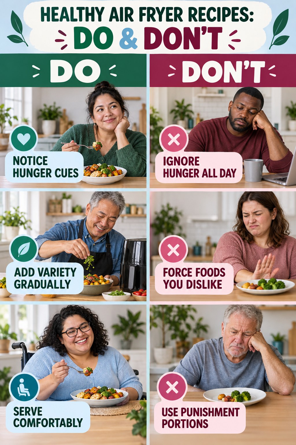Healthy Air Fryer Recipes Do and Don’t comparison graphic showing three practical behavior pairs for mindful eating.