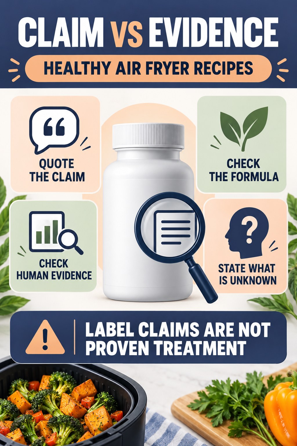 Evaluate “Supports Prostate Health” as Marketing Language prostate supplement label-literacy infographic for Healthy Air Fryer Recipes with four careful reading points.