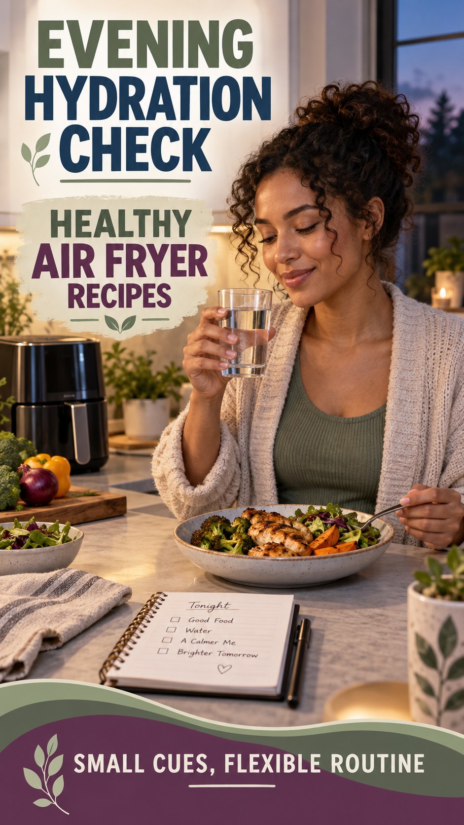 Evening Hydration Awareness infographic for Healthy Air Fryer Recipes, showing a flexible and calming evening wellness routine.
