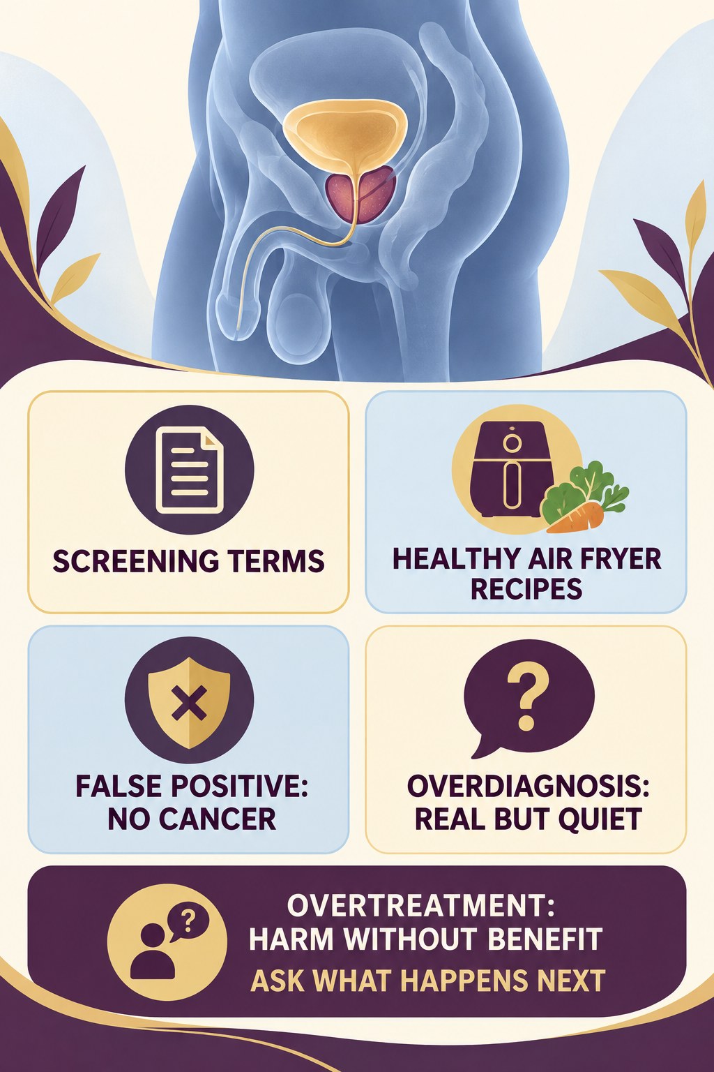 False Positive, Overdiagnosis, and Overtreatment infographic for Healthy Air Fryer Recipes with four concise prostate-health awareness points.