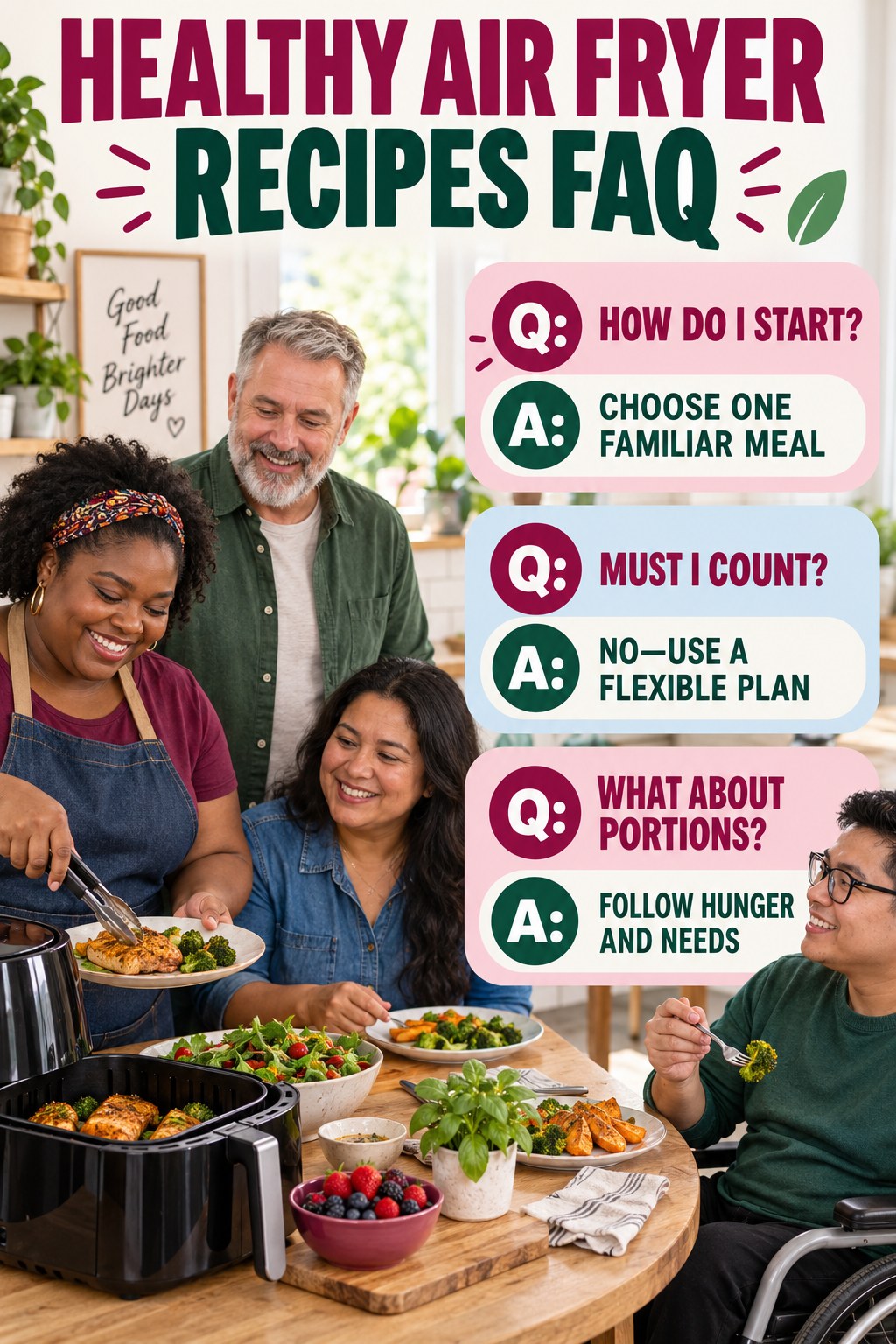 Healthy Air Fryer Recipes FAQ graphic with three concise questions and practical answers for beginners.