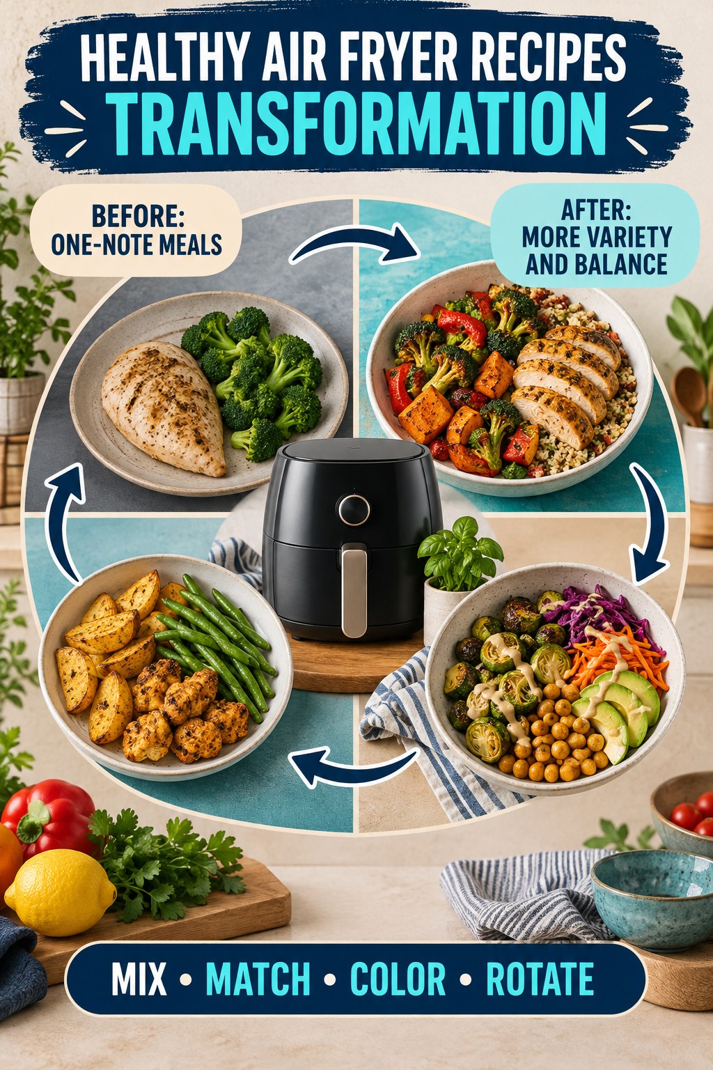 Healthy Air Fryer Recipes habit transformation graphic comparing one-note meals with more variety and balance using four practical steps.