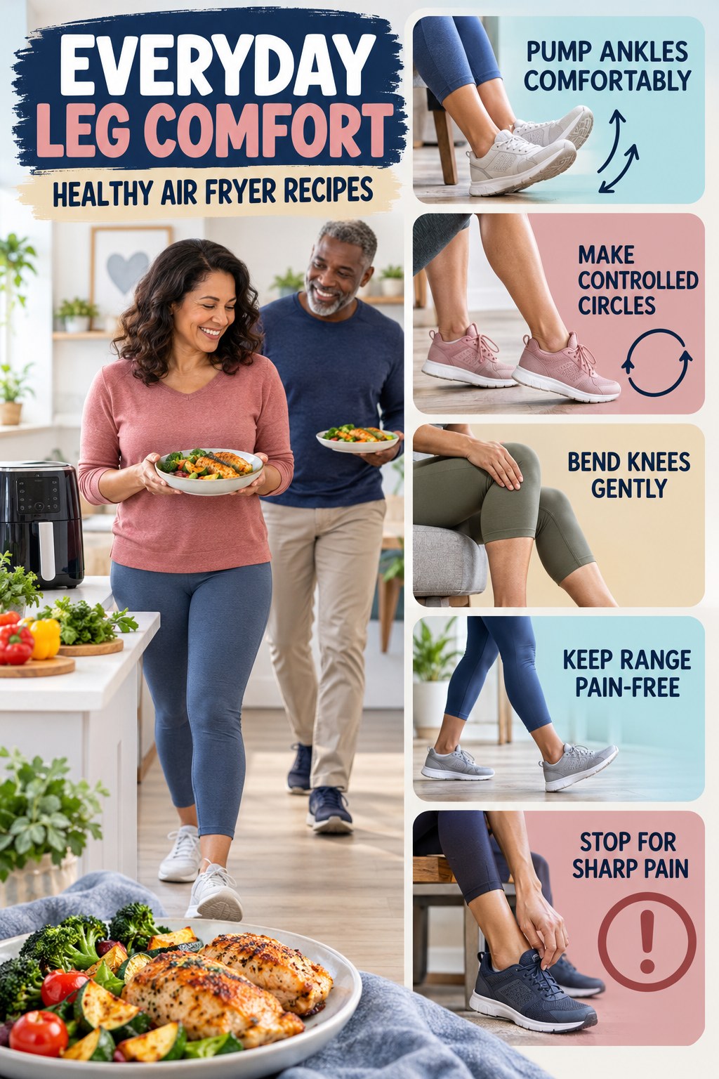 Gentle Ankle and Calf Mobility infographic for Healthy Air Fryer Recipes with five gentle movement, position, footwear, recovery, or safety actions.