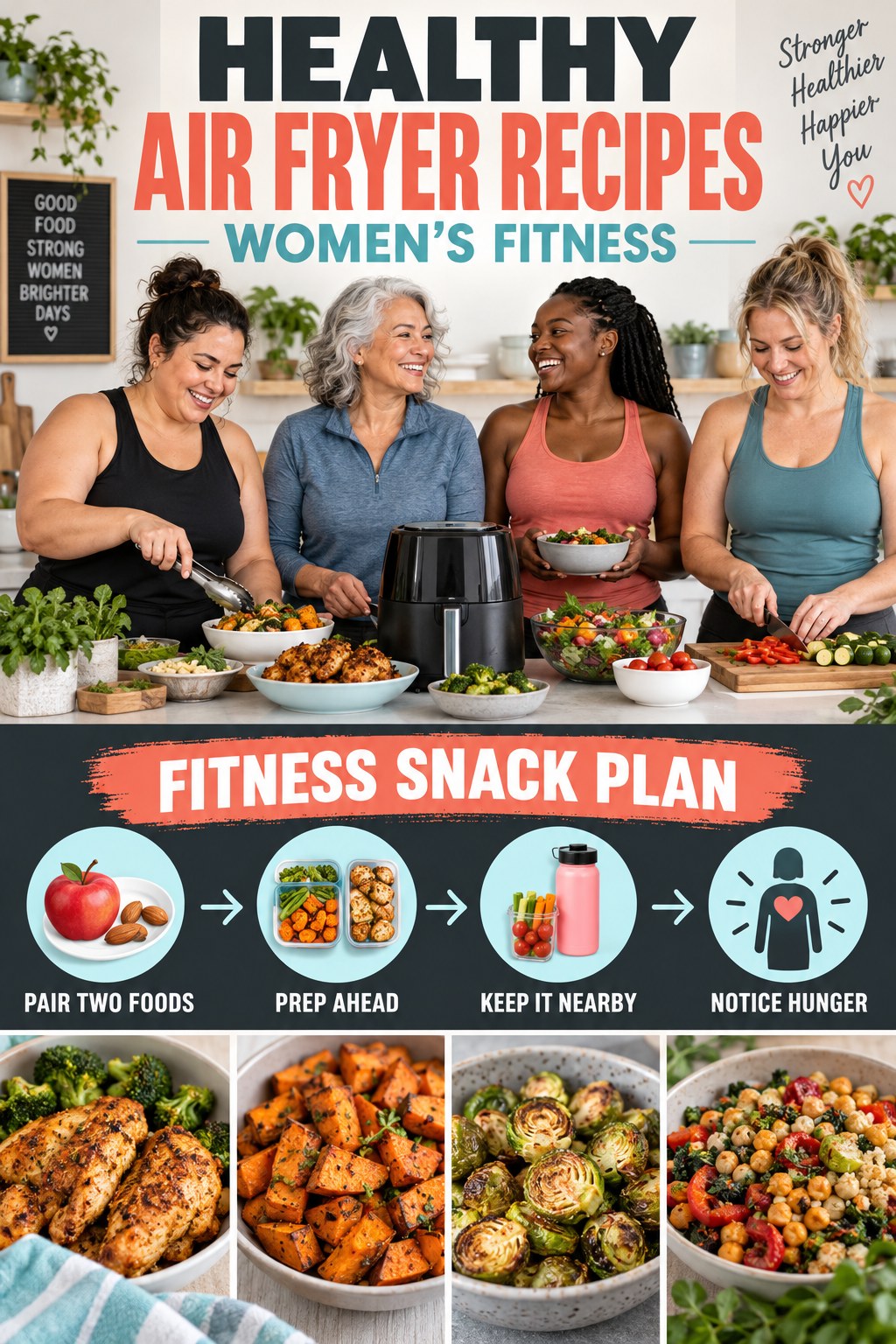 Healthy Air Fryer Recipes women’s fitness graphic titled Fitness Snack Plan with four practical training prompts.