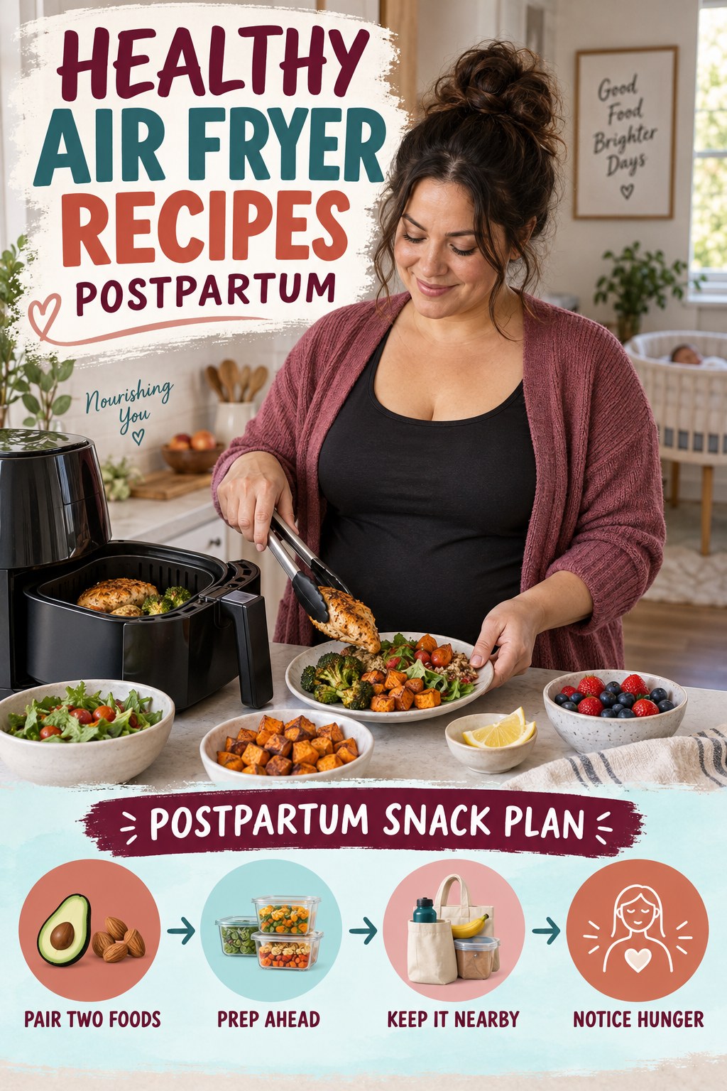 Healthy Air Fryer Recipes postpartum graphic titled Postpartum Snack Plan with four gradual recovery-aware prompts.