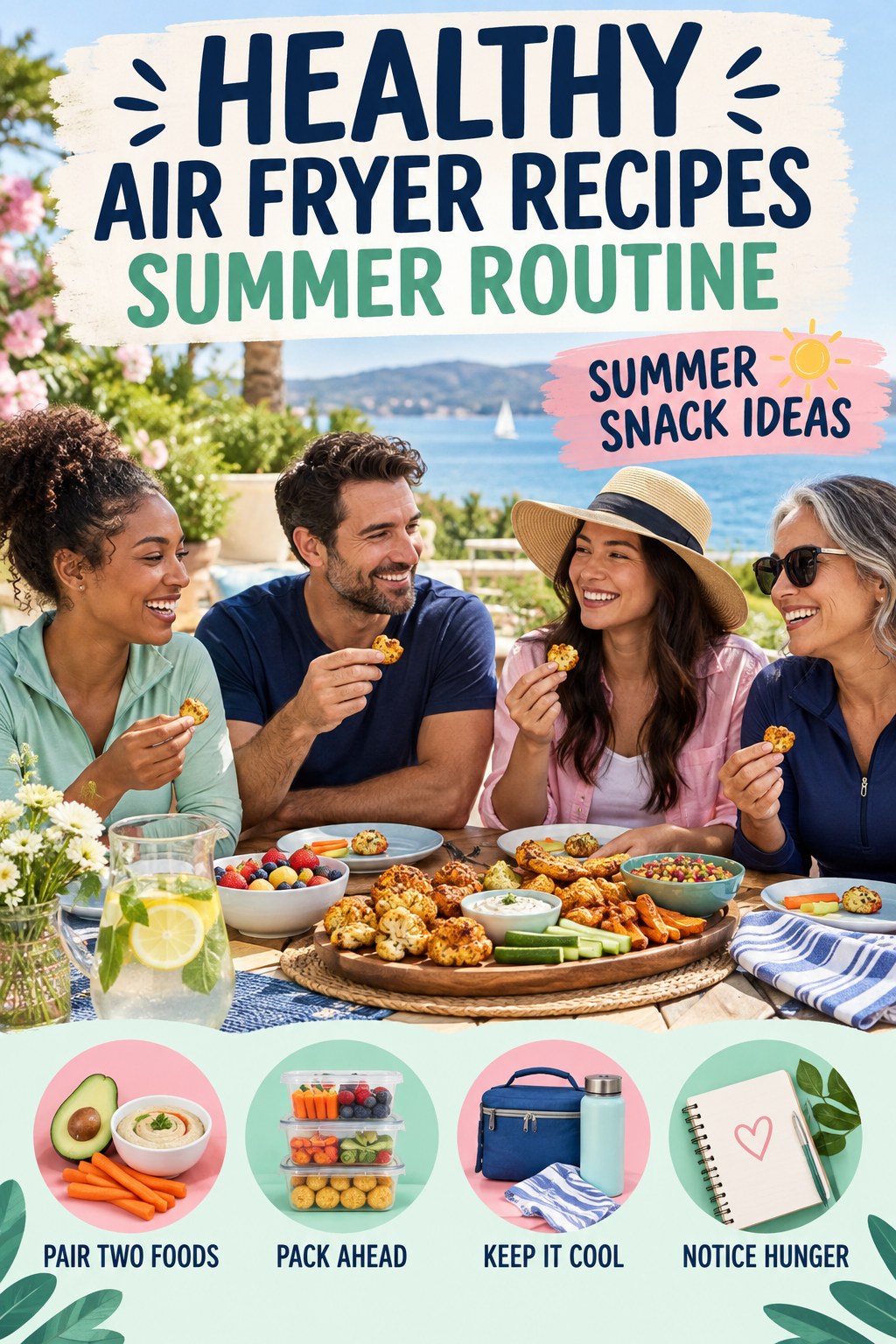 Healthy Air Fryer Recipes summer routine graphic titled Summer Snack Ideas with four practical wellness prompts.