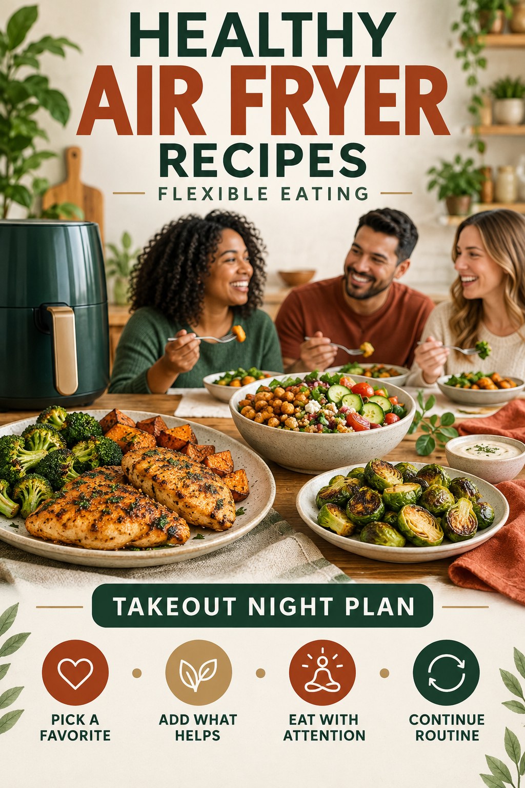 Healthy Air Fryer Recipes flexible eating graphic titled Takeout Night Plan with four practical balance prompts.