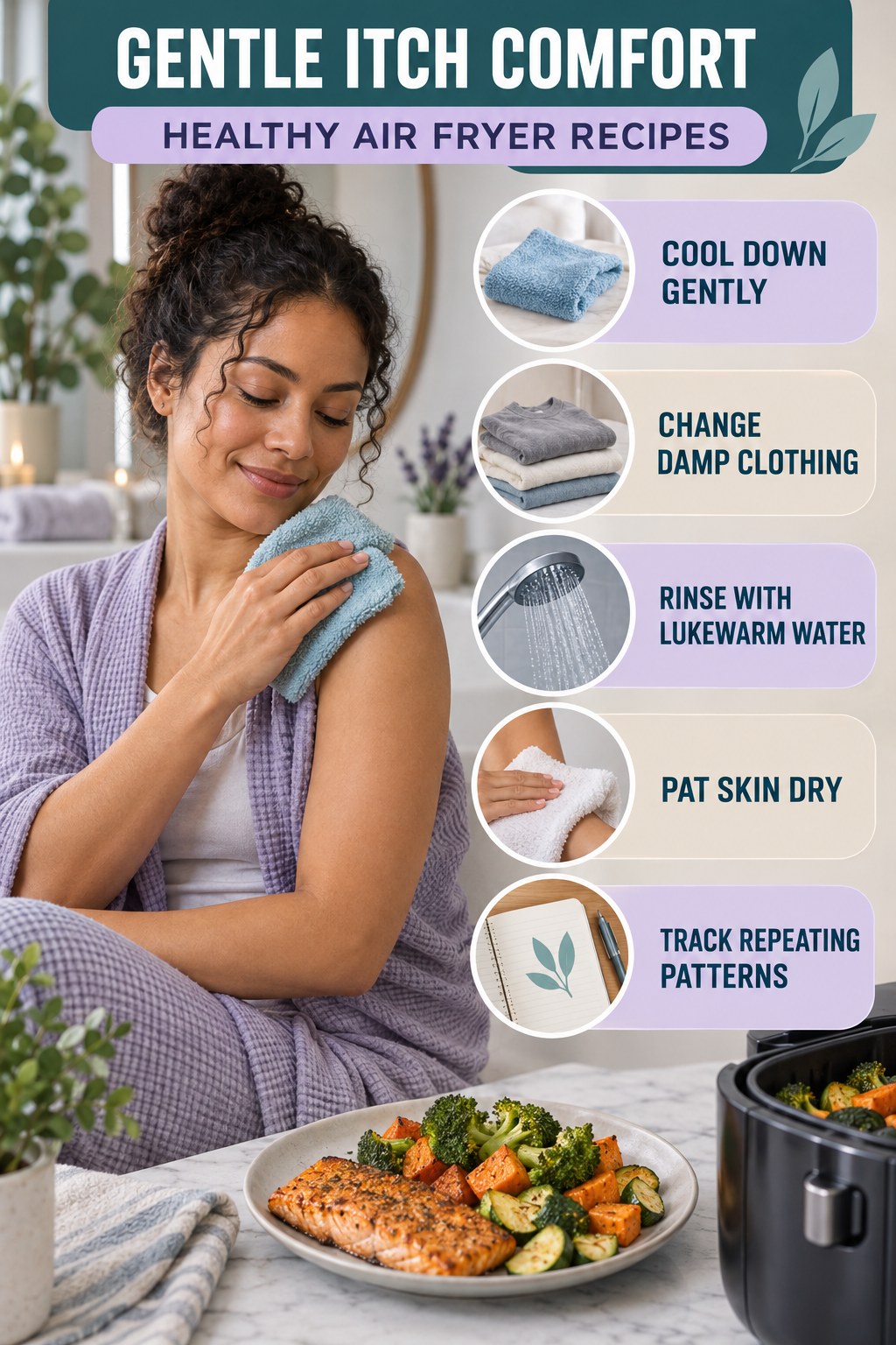 Heat and Sweat Comfort Plan infographic for Healthy Air Fryer Recipes with five gentle itchy-skin comfort strategies and a non-diagnostic safety focus.