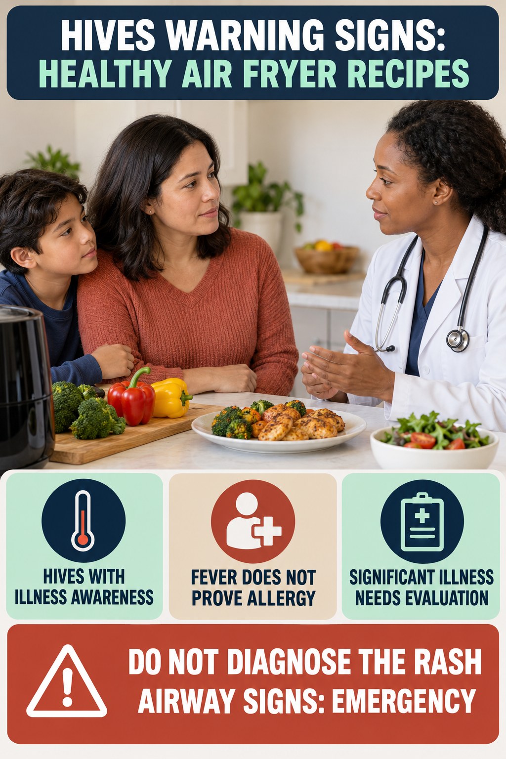 Hives with Illness Awareness infographic for Healthy Air Fryer Recipes, highlighting urgent breathing, throat, swelling, fainting, and rapid-progression warning signs without diagnosing hives.