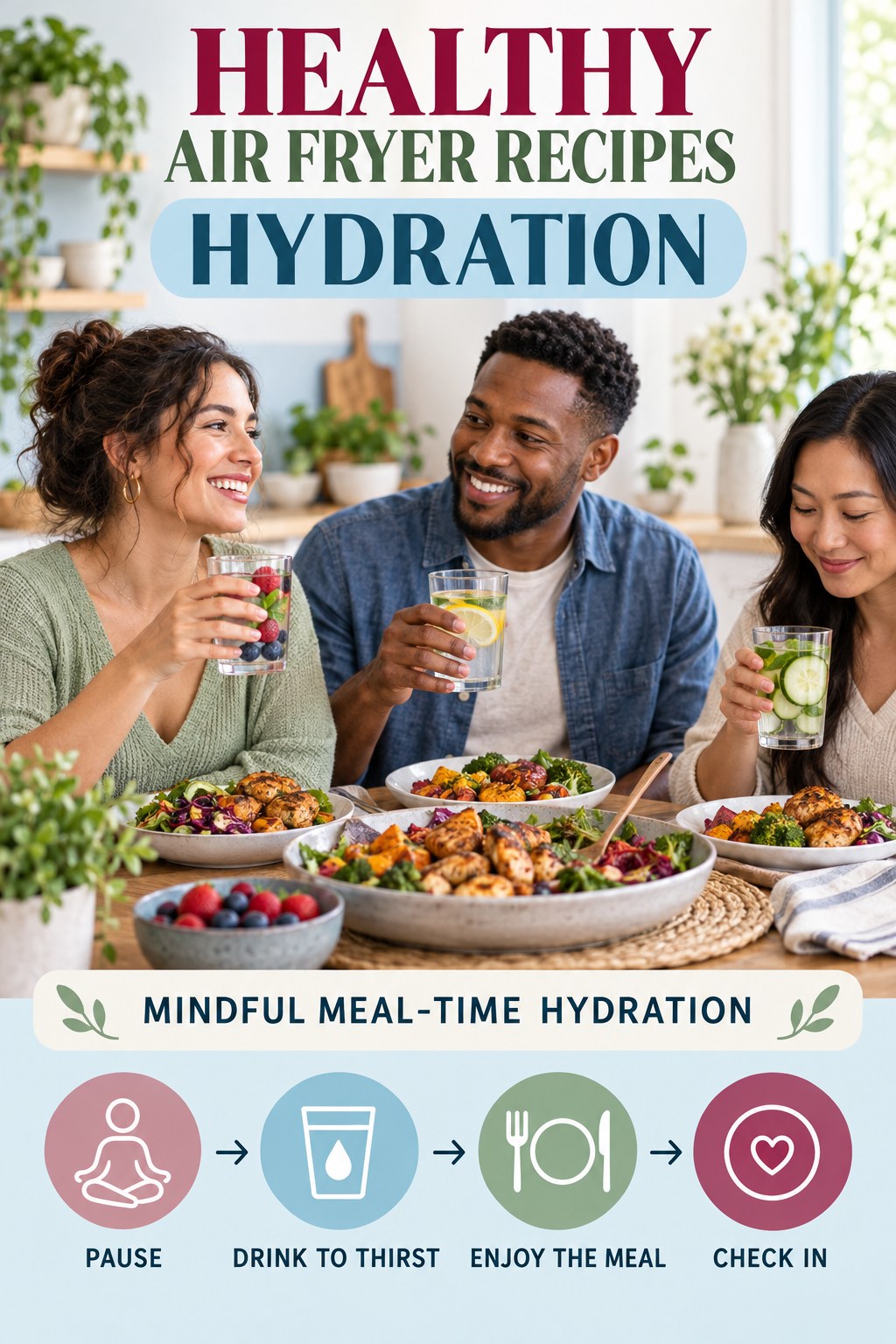Healthy Air Fryer Recipes hydration graphic titled Mindful Meal-Time Hydration with four flexible water-habit prompts and no fixed intake target.
