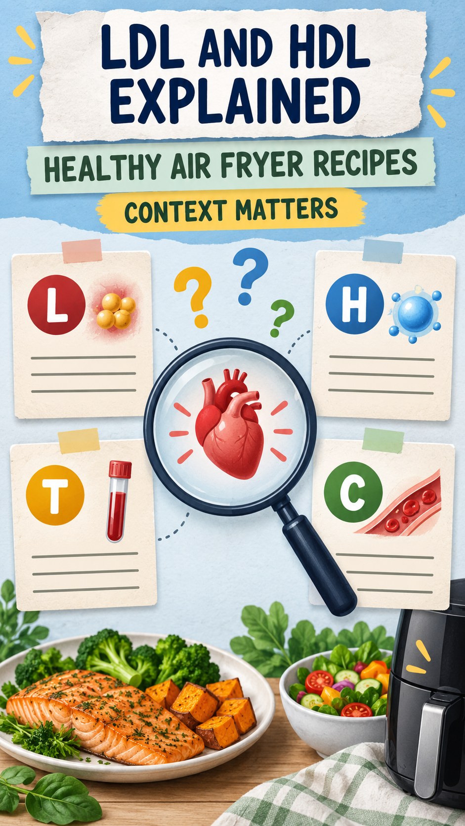 LDL and HDL Context Guide infographic for Healthy Air Fryer Recipes, using a non-numerical educational lipid-panel layout with question and context icons.