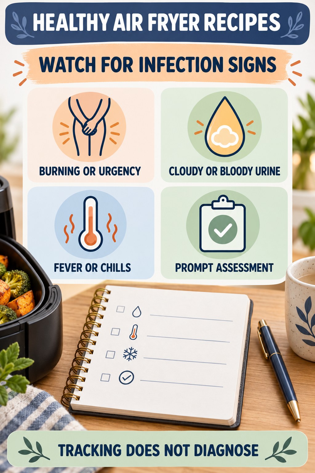 Log Possible Infection Warning Signs urinary symptom tracking infographic for Healthy Air Fryer Recipes with four practical diary points and a non-diagnostic reminder.