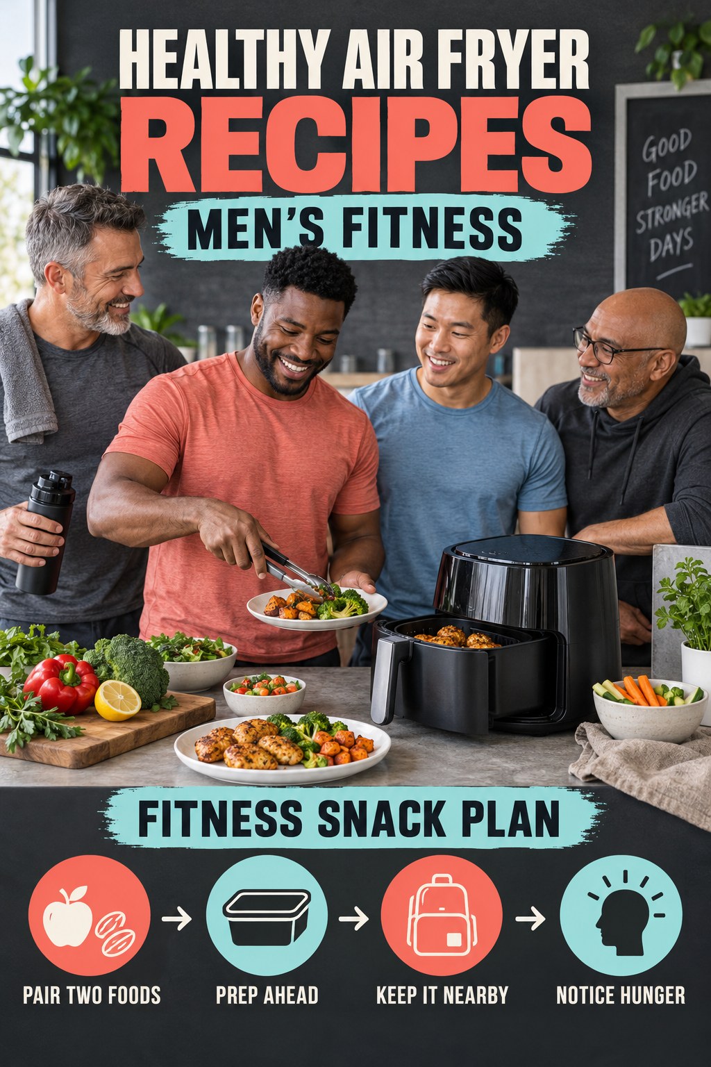 Healthy Air Fryer Recipes men’s fitness graphic titled Fitness Snack Plan with four practical training prompts.