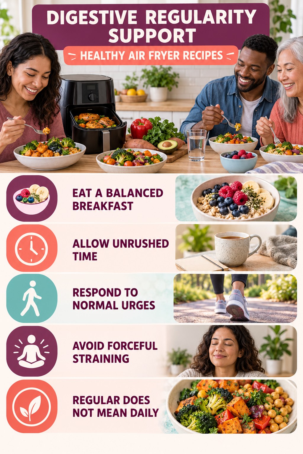 Morning Digestive Wellness infographic for Healthy Air Fryer Recipes with five practical food, hydration, movement, or routine actions and no cleanse claims.