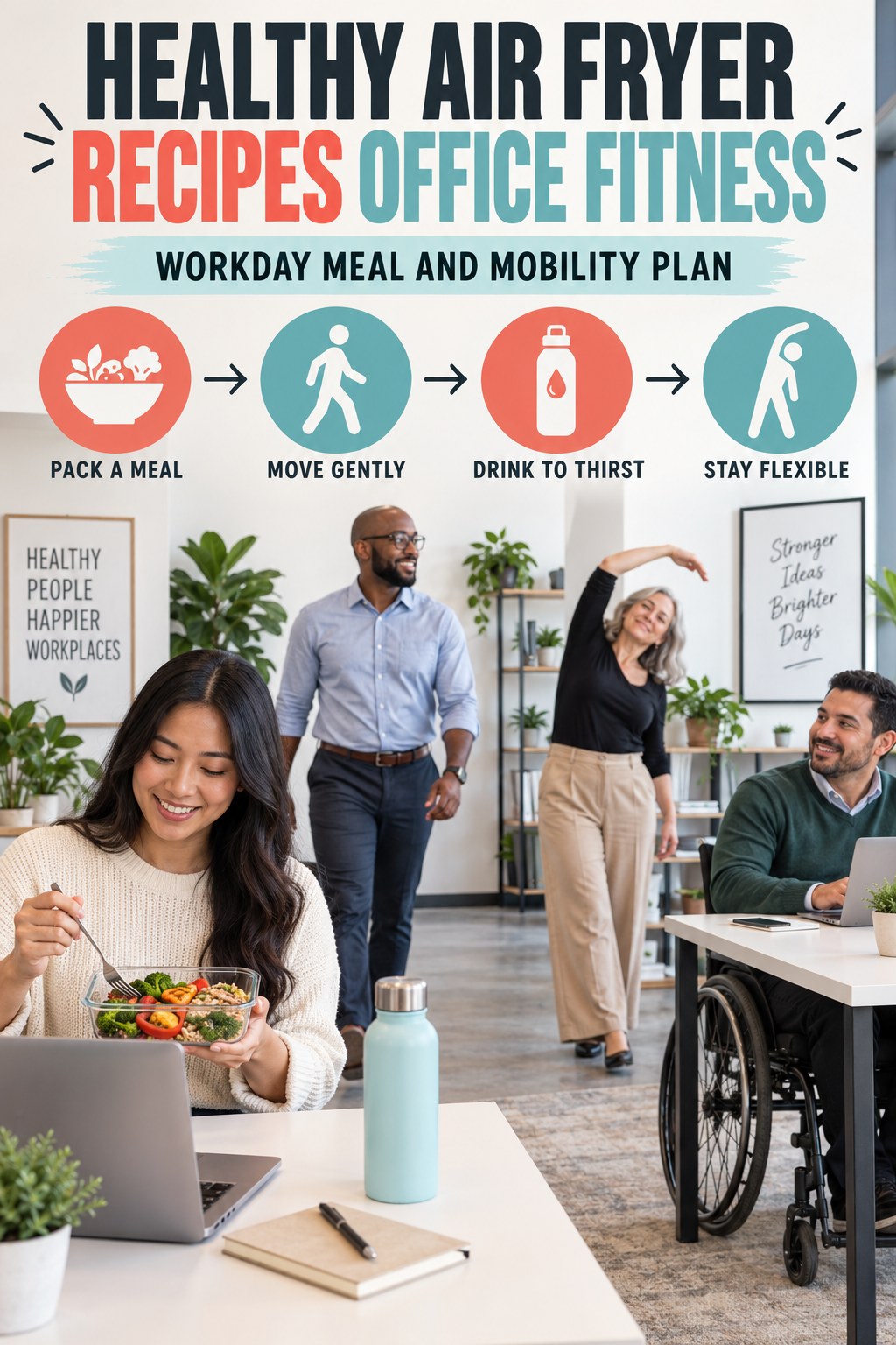 Healthy Air Fryer Recipes office-fitness graphic titled Workday Meal and Mobility Plan with four practical workday movement prompts.