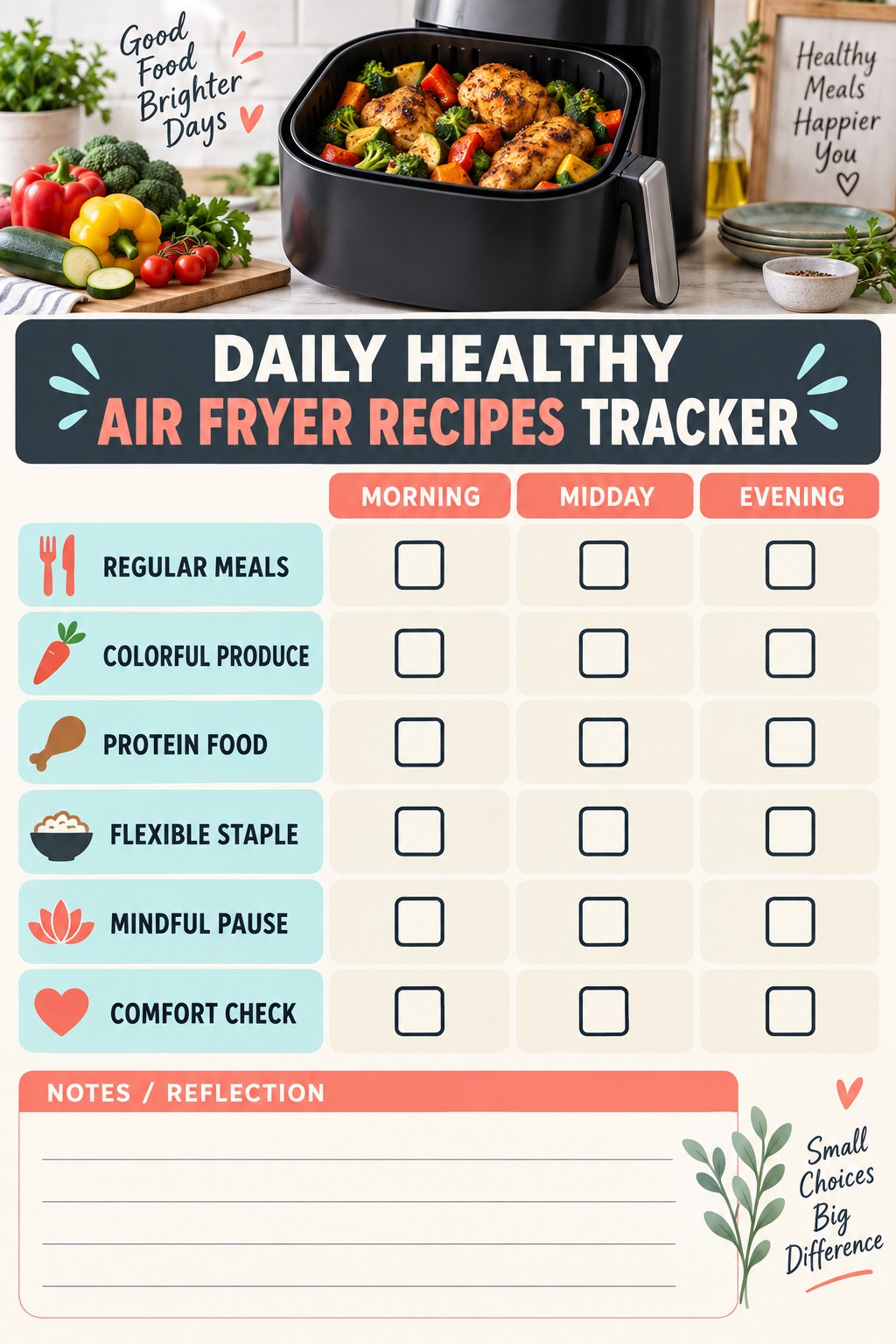 Daily Healthy Air Fryer Recipes printable-style tracker graphic with six labeled rows, empty checkboxes, and a reflection area.