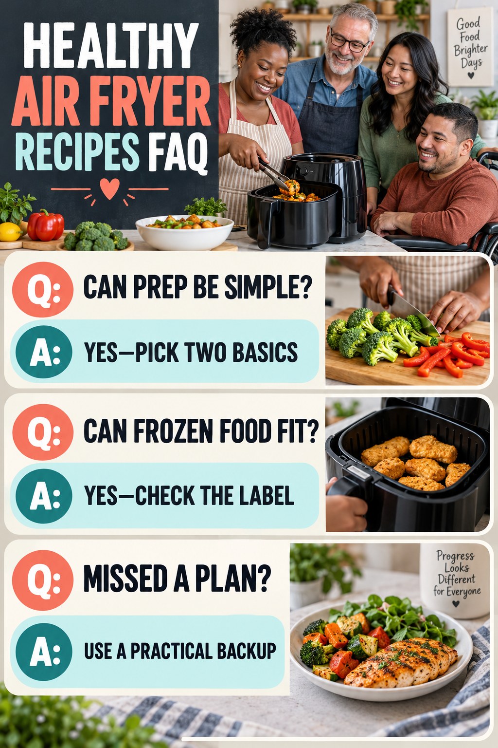 Healthy Air Fryer Recipes FAQ graphic with three concise questions and practical answers for beginners.