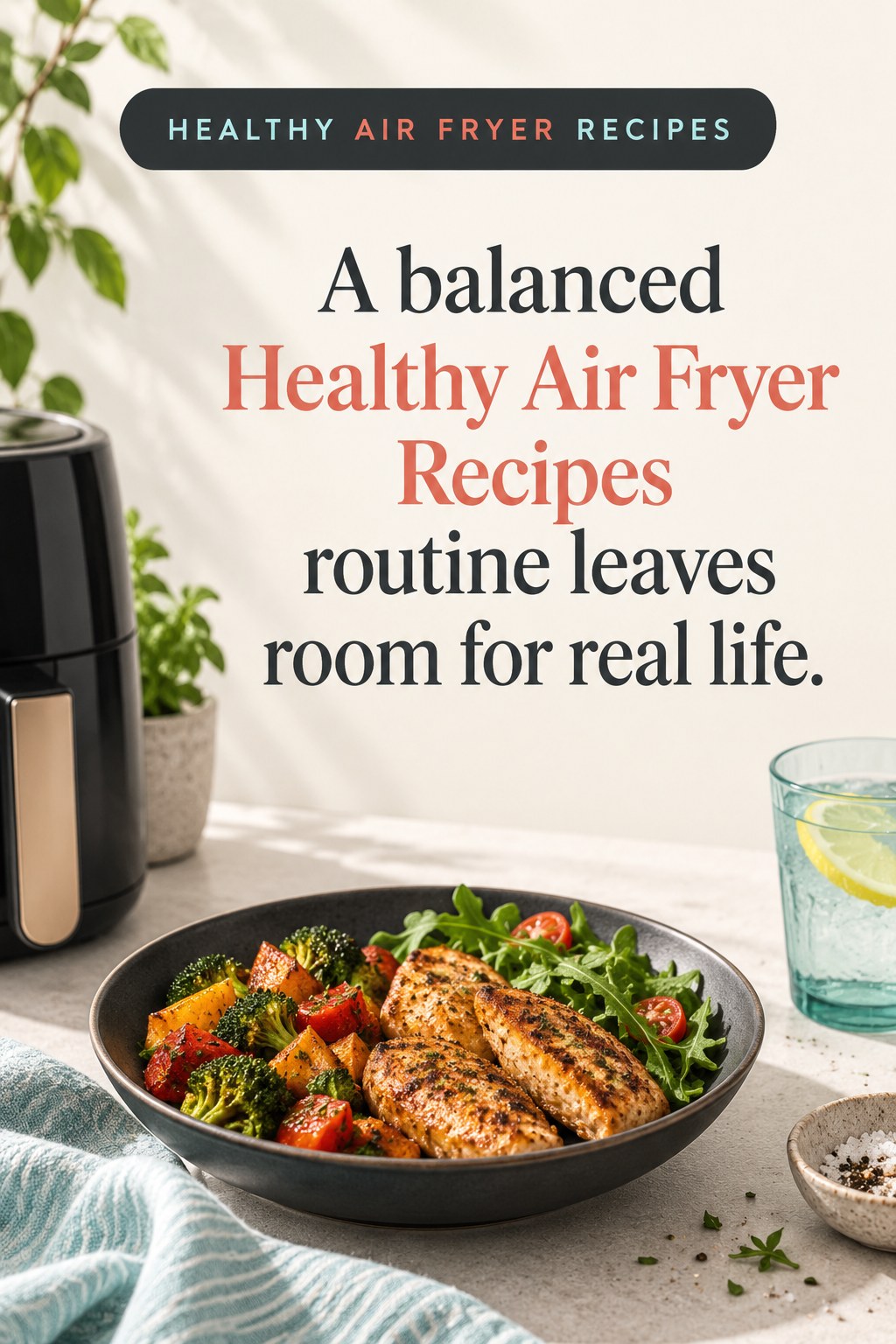 Original Healthy Air Fryer Recipes quote graphic reading “A balanced Healthy Air Fryer Recipes routine leaves room for real life.” in a board-relevant editorial design.