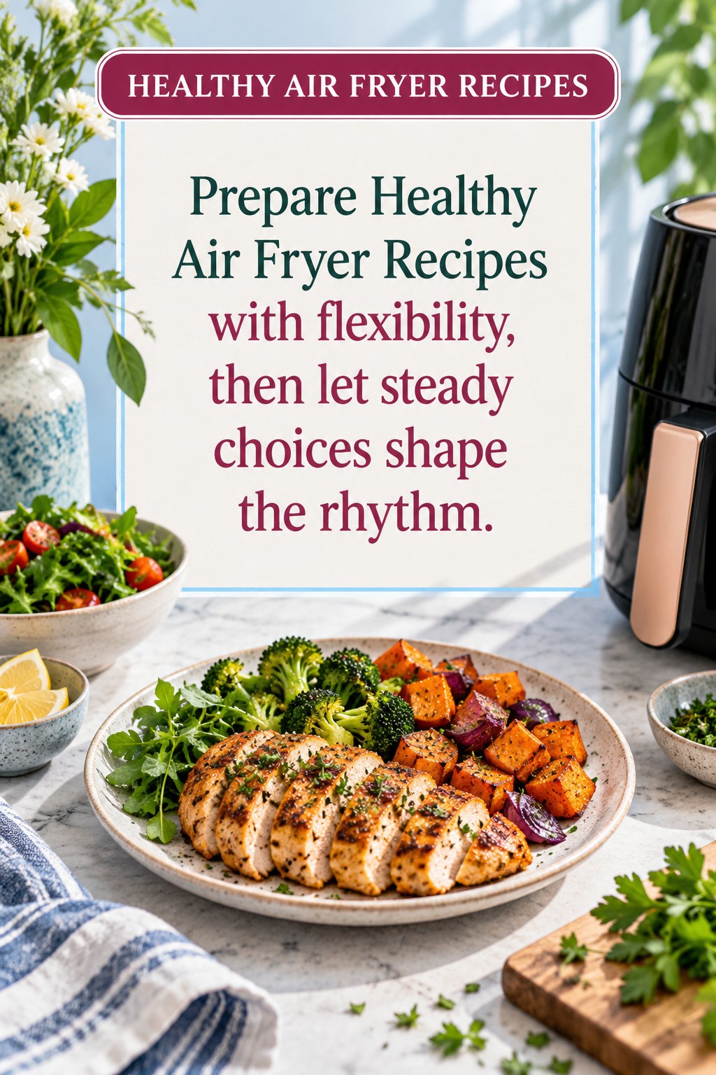 Original Healthy Air Fryer Recipes quote graphic reading “Prepare Healthy Air Fryer Recipes with flexibility, then let steady choices shape the rhythm.” in a board-relevant editorial design.