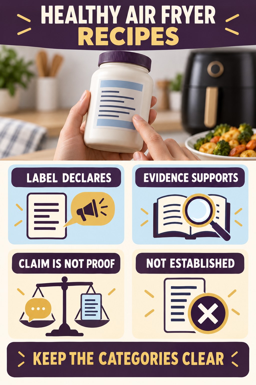 Separate Label Claims From Independent Evidence infographic for Healthy Air Fryer Recipes with four concise probiotic-label reading points.