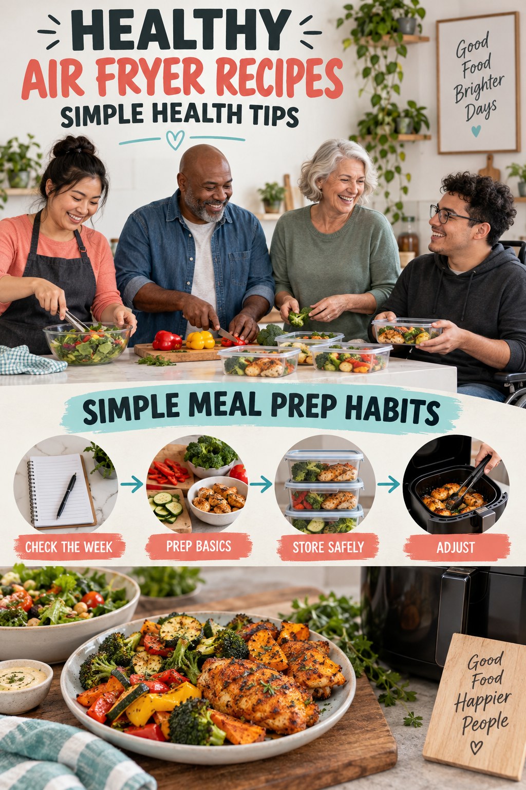 Healthy Air Fryer Recipes simple-health graphic titled Simple Meal Prep Habits with four practical wellness prompts.