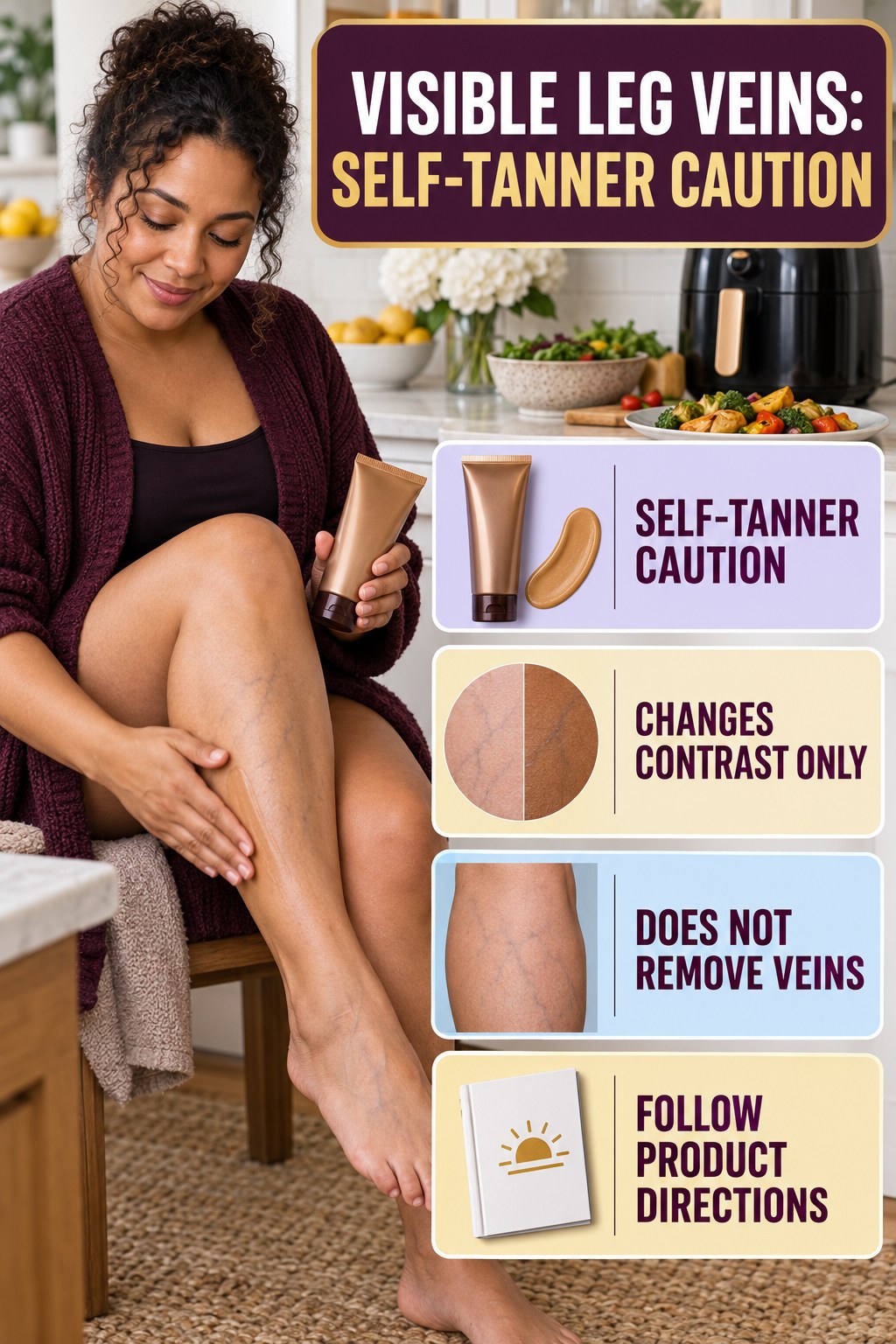 Self-Tanner Caution infographic for Healthy Air Fryer Recipes, showing body-neutral visible-leg-vein appearance care and the boundary between temporary cosmetic support and treatment.