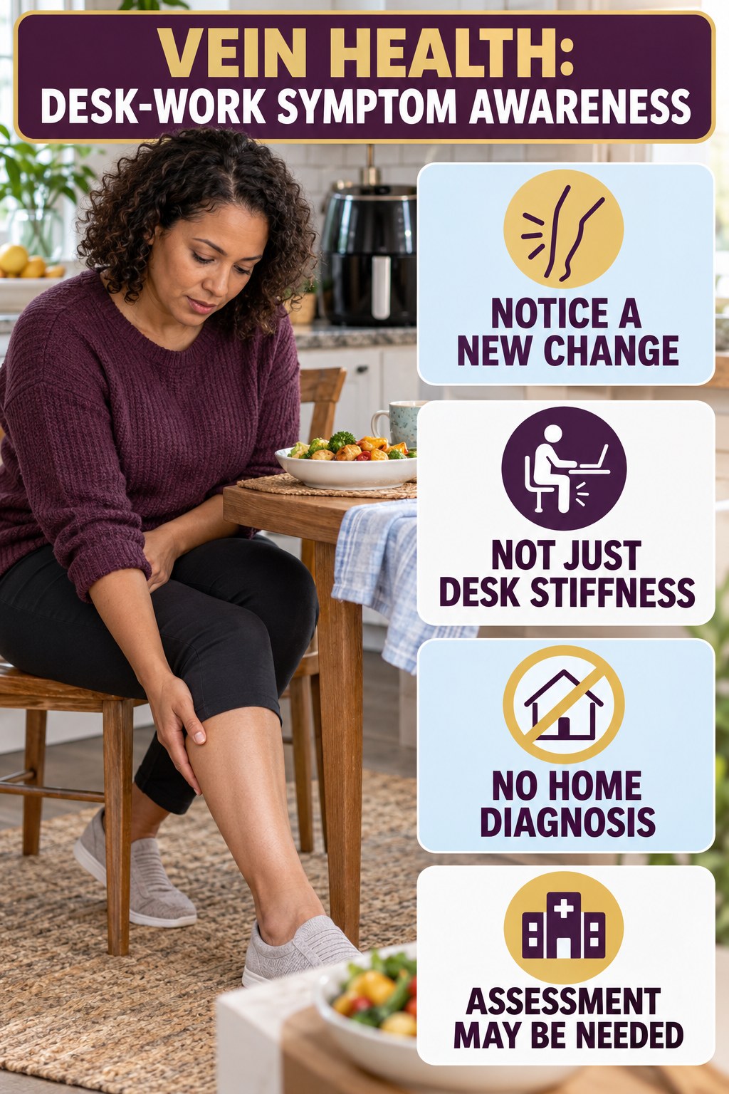 Desk-Work Symptom Awareness infographic for Healthy Air Fryer Recipes, explaining vein-health warning signs and the appropriate next action without diagnosing a condition.