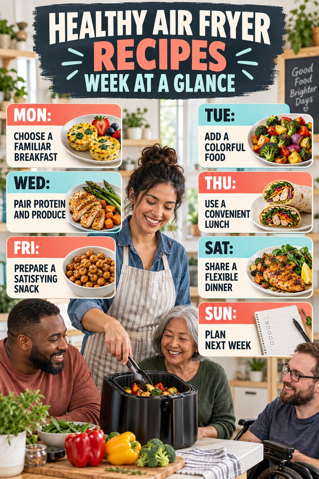 Weekly Healthy Air Fryer Recipes plan graphic with concise Monday-to-Sunday actions and flexible recovery guidance.